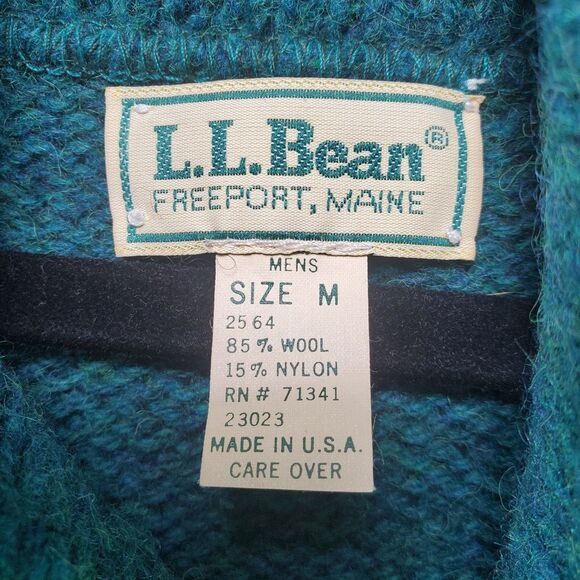 M Men's VTG USA L.L. Bean Shawl Sweater Green Wool Grandpa Button Neck Collar - Picture 5 of 9